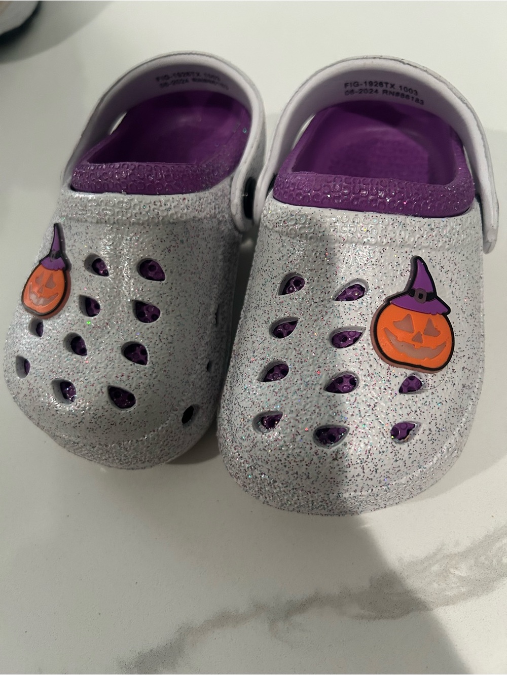 Kids Glitter Clogs with Purple Lining and Pumpkin Accent